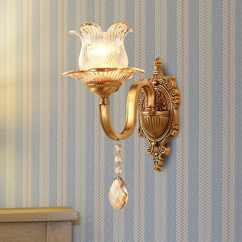 Vintage Brass Floral Sconce Light Fixture With Clear Prismatic Glass - Led Wall Mounted Lamp For