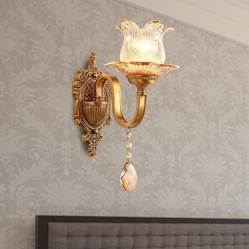 Vintage Brass Floral Sconce Light Fixture With Clear Prismatic Glass - Led Wall Mounted Lamp For