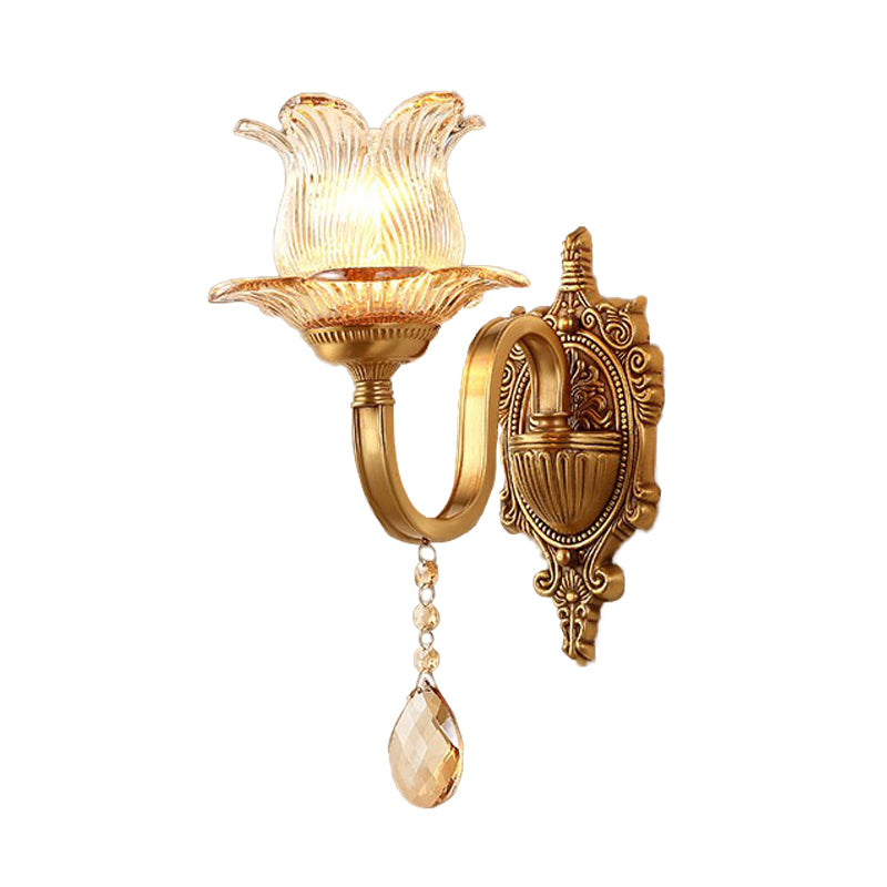 Vintage Brass Floral Sconce Light Fixture With Clear Prismatic Glass - Led Wall Mounted Lamp For