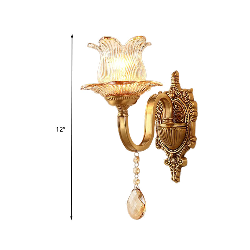 Vintage Brass Floral Sconce Light Fixture With Clear Prismatic Glass - Led Wall Mounted Lamp For