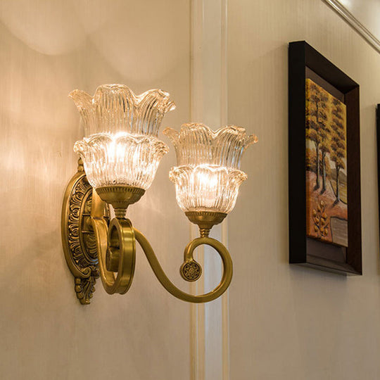 Vintage Brass Floral Sconce Light Fixture With Clear Prismatic Glass - Led Wall Mounted Lamp For