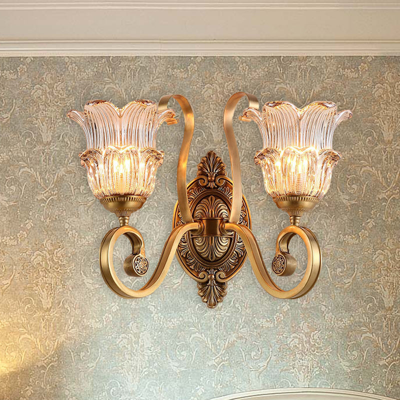 Vintage Brass Floral Sconce Light Fixture With Clear Prismatic Glass - Led Wall Mounted Lamp For