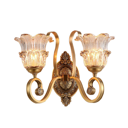 Vintage Brass Floral Sconce Light Fixture With Clear Prismatic Glass - Led Wall Mounted Lamp For