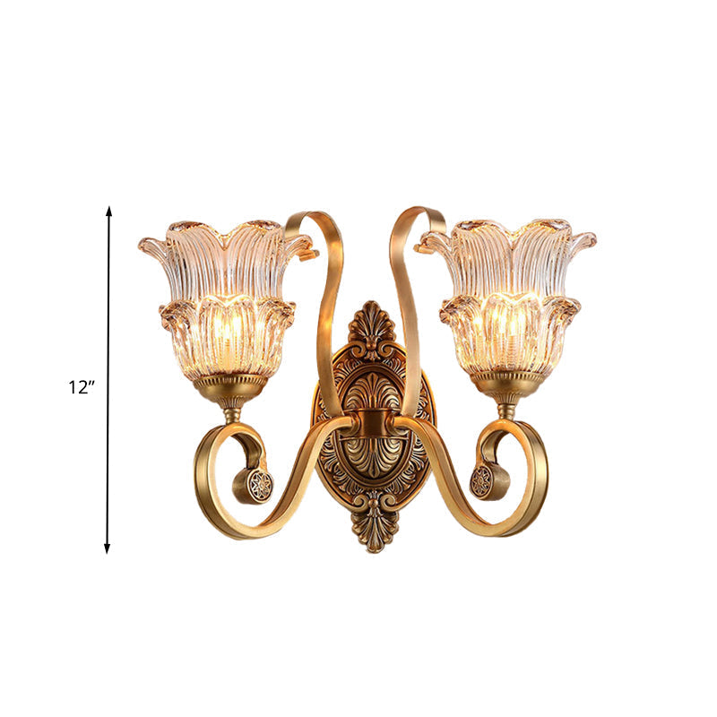 Vintage Brass Floral Sconce Light Fixture With Clear Prismatic Glass - Led Wall Mounted Lamp For