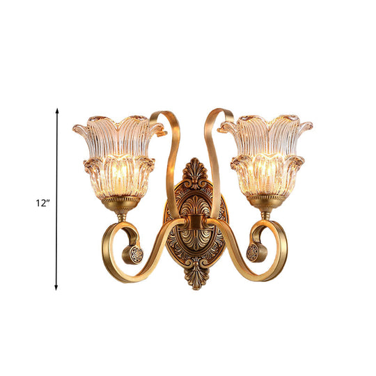 Vintage Brass Floral Sconce Light Fixture With Clear Prismatic Glass - Led Wall Mounted Lamp For
