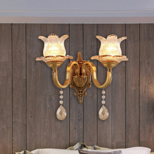 Vintage Brass Floral Sconce Light Fixture With Clear Prismatic Glass - Led Wall Mounted Lamp For