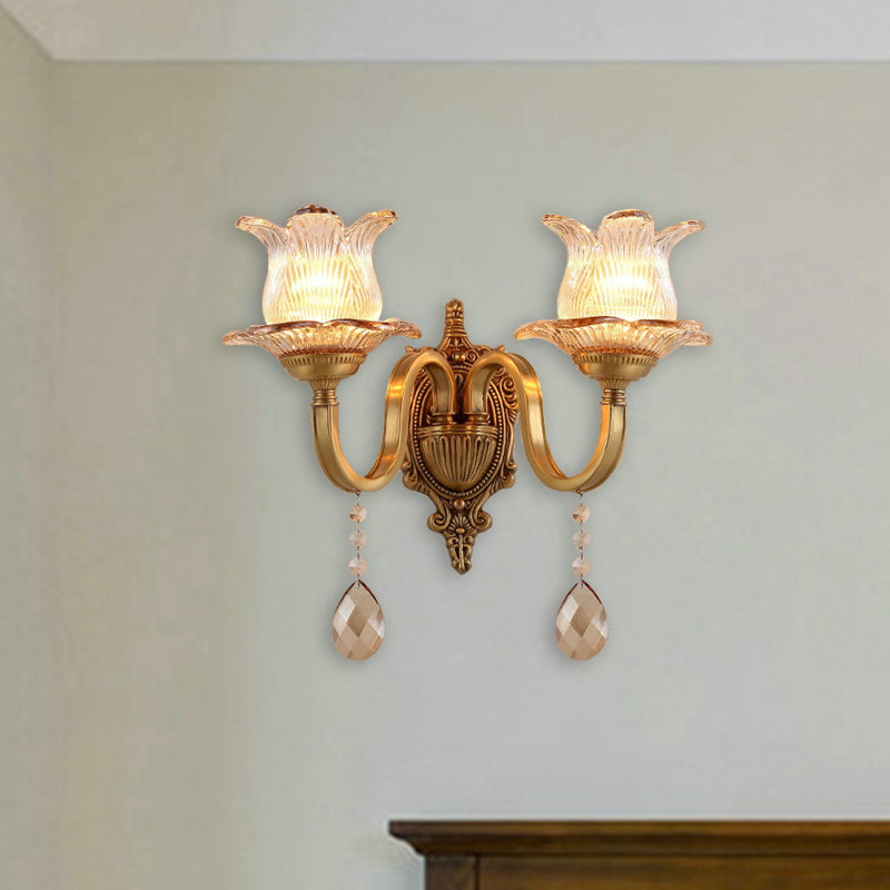 Vintage Brass Floral Sconce Light Fixture With Clear Prismatic Glass - Led Wall Mounted Lamp For