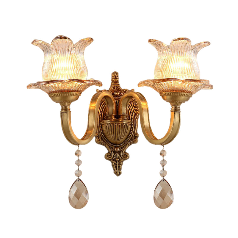 Vintage Brass Floral Sconce Light Fixture With Clear Prismatic Glass - Led Wall Mounted Lamp For