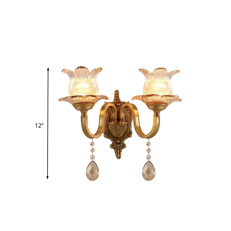 Vintage Brass Floral Sconce Light Fixture With Clear Prismatic Glass - Led Wall Mounted Lamp For