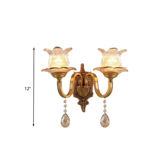 Vintage Brass Floral Sconce Light Fixture With Clear Prismatic Glass - Led Wall Mounted Lamp For