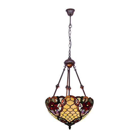 Tiffany Style 2-Light Flower Bush Chandelier Lamp With Stained Glass Pendant - Red/Yellow/Purple