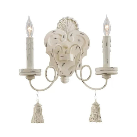 Countryside Wood Wall Sconce Light With 2 Candle-Style Lights In Black And White For Living Room