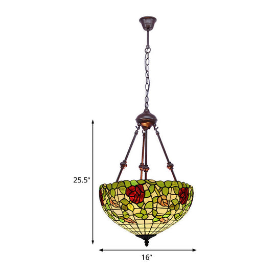 Mediterranean Stained Glass Bowl Ceiling Chandelier With 2 Red/Yellow/Green Pendant Lights