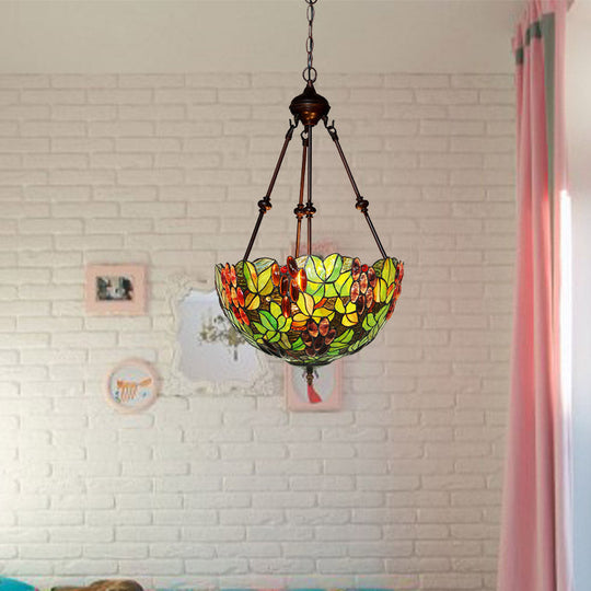 Victorian Green Ceiling Pendant Chandelier With Stained Glass Shade - 2/3 Lights
