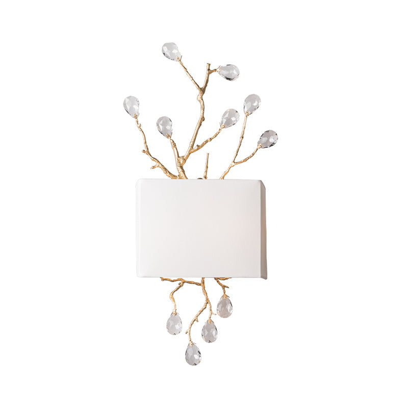 Classic Fabric Rectangle Wall Mounted Lamp With Brass Sconce & Pink/Clear Crystal Accent - 2 Lights