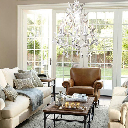 Modern Metal Leaf Chandelier With Crystal Drop - 5 Bulb Lighting Fixture In Grey/Distressed White