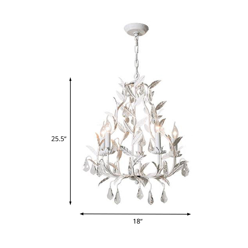 Modern Metal Leaf Chandelier With Crystal Drop - 5 Bulb Lighting Fixture In Grey/Distressed White
