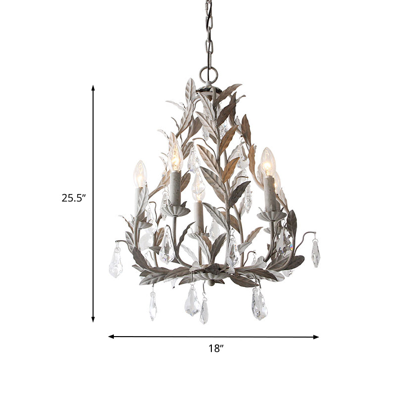 Modern Metal Leaf Chandelier With Crystal Drop - 5 Bulb Lighting Fixture In Grey/Distressed White