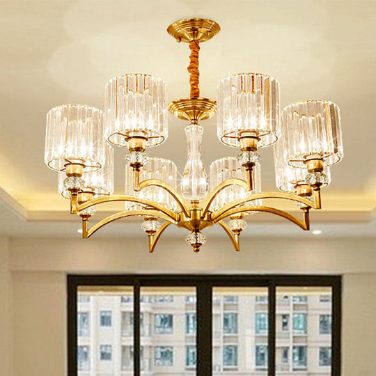 Contemporary Faceted Crystal Cylinder Chandelier - Brass Ceiling Pendant Light With 3/6/8 Bulbs