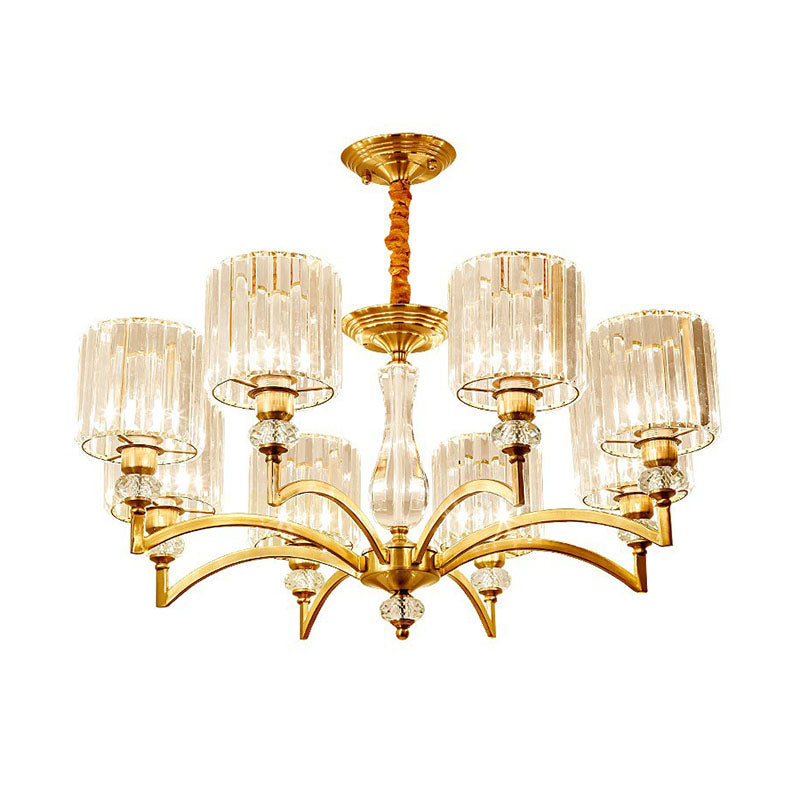 Contemporary Faceted Crystal Cylinder Chandelier - Brass Ceiling Pendant Light With 3/6/8 Bulbs