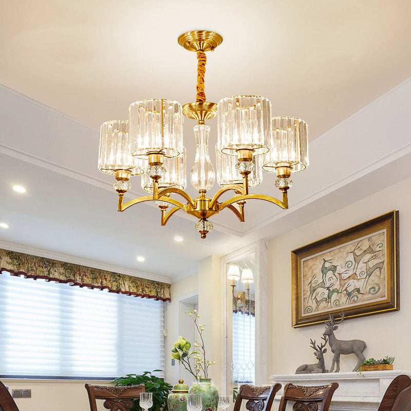 Contemporary Faceted Crystal Cylinder Chandelier - Brass Ceiling Pendant Light With 3/6/8 Bulbs