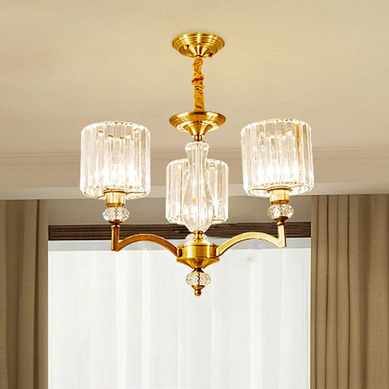 Contemporary Faceted Crystal Cylinder Chandelier - Brass Ceiling Pendant Light With 3/6/8 Bulbs