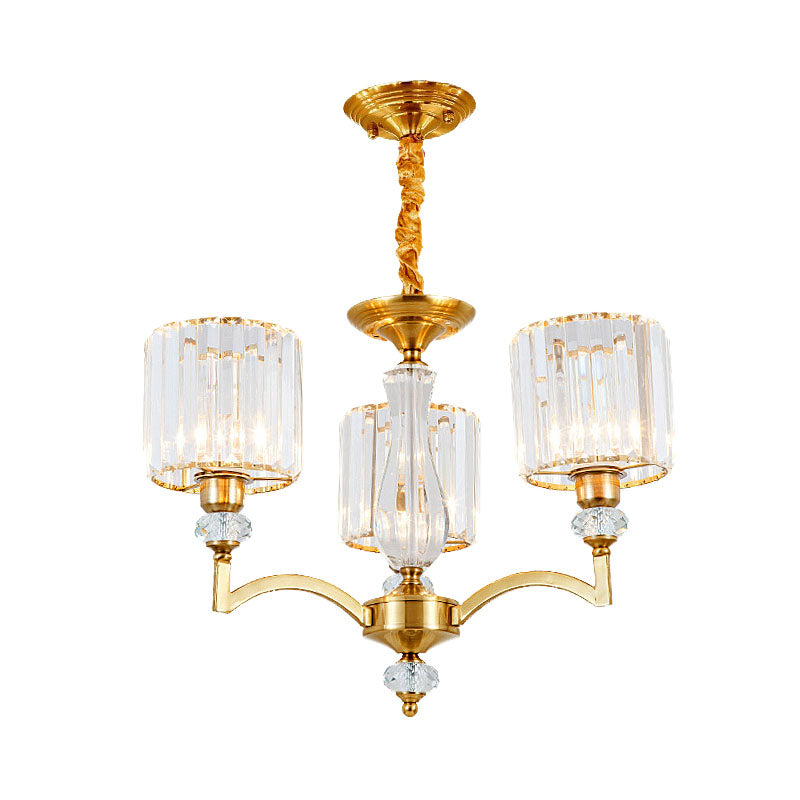 Contemporary Faceted Crystal Cylinder Chandelier - Brass Ceiling Pendant Light With 3/6/8 Bulbs