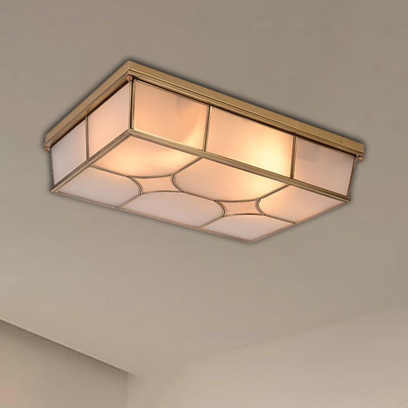 Frosted Glass Flush Ceiling Light In Classic Brass - 3/6 Lights Rectangle Design For Bedroom Mount