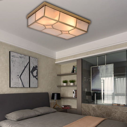 Frosted Glass Flush Ceiling Light In Classic Brass - 3/6 Lights Rectangle Design For Bedroom Mount