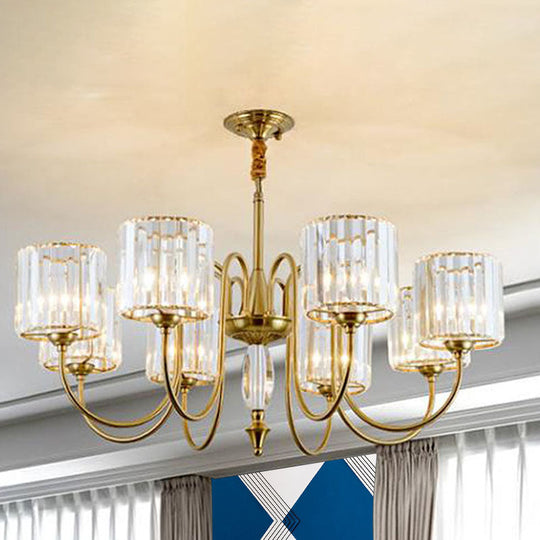 Contemporary Brass Cylinder Ceiling Chandelier With Crystal Facets - 3/5/6 Head Pendant Light