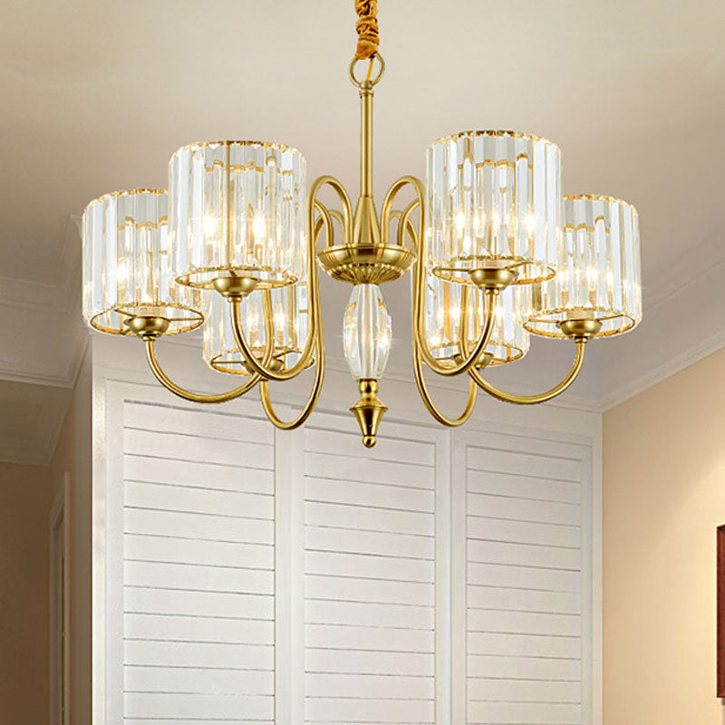 Contemporary Brass Cylinder Ceiling Chandelier With Crystal Facets - 3/5/6 Head Pendant Light 6 /