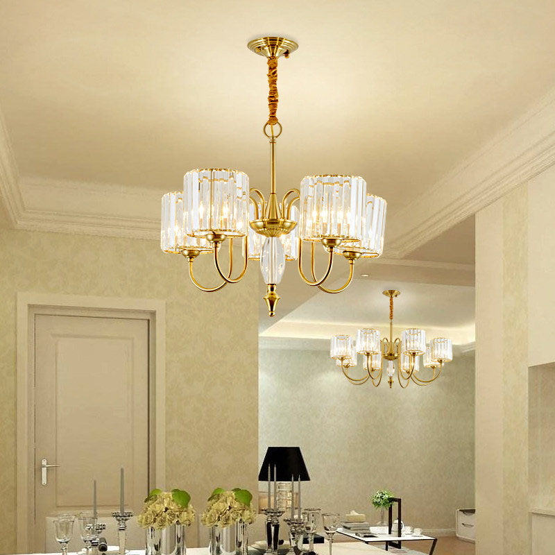 Contemporary Brass Cylinder Ceiling Chandelier With Crystal Facets - 3/5/6 Head Pendant Light
