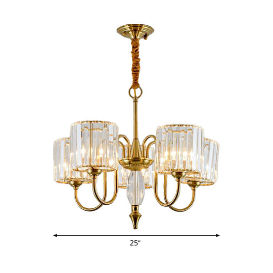 Contemporary Brass Cylinder Ceiling Chandelier With Crystal Facets - 3/5/6 Head Pendant Light