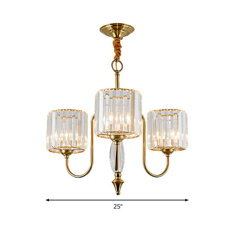 Contemporary Crystal Cylinder Ceiling Chandelier With Brass Pendant - 3/5/6 Heads