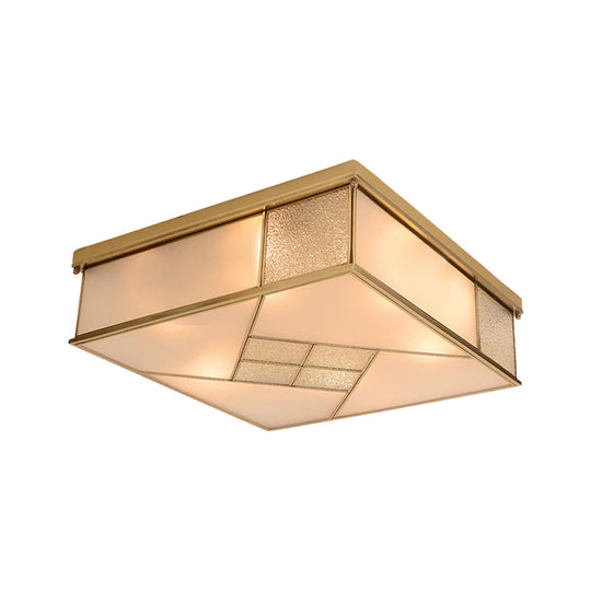 Classic Brass Flush Mount Ceiling Light With Frosted Glass Panel Shade - 4/6 Lights Bedroom Fixture
