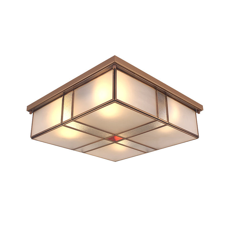 Vintage Brass Flush Mount Light With Frosted Glass Panel Shade - 2/4 Lights Ceiling Fixture For