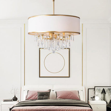 Modern Drum Ceiling Chandelier: Fabric Shade 6 Bulb Brass Pendant Light With Crystal Droplet