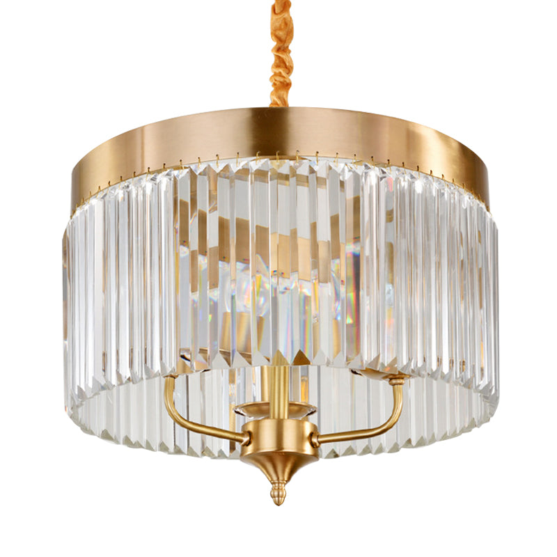 Brass Drum Pendant Chandelier With Faceted Crystal - 3 Bulbs Ceiling Hanging Light