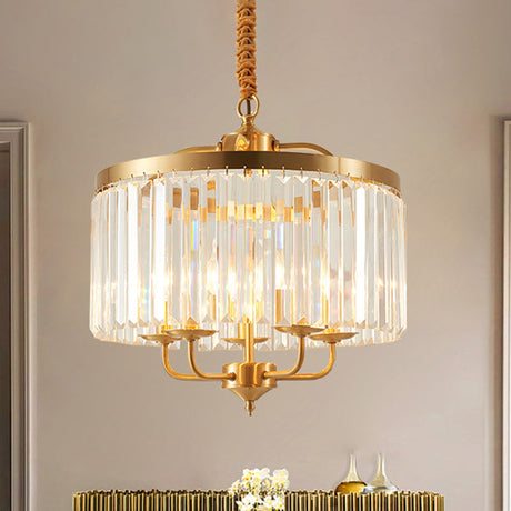 Modernist Brass Hanging Pendant Light With Curved Metal Arm - Crystal Cylinder Chandelier 4 Heads