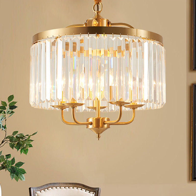 Modern Crystal Cylinder Chandelier Pendant Light - 4 Heads Brass Finish Curved Metal Arm