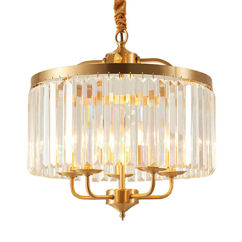 Modern Crystal Cylinder Chandelier Pendant Light - 4 Heads Brass Finish Curved Metal Arm