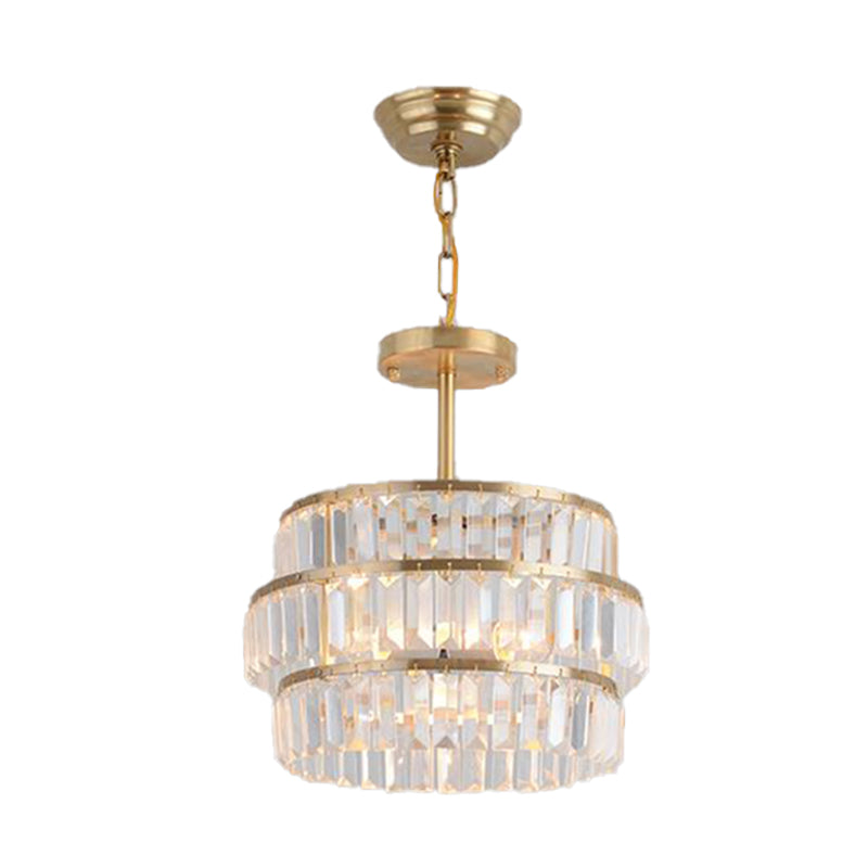 Modernist Brass Layered Ceiling Chandelier With Crystal Suspension - 3 Bulbs Pendant Light