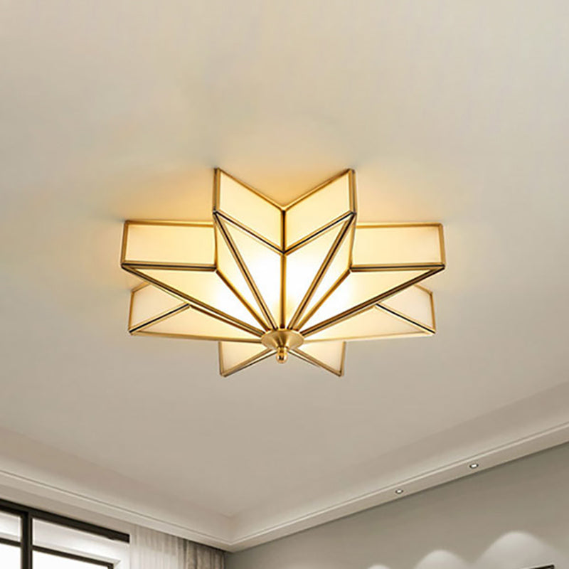 Classic Brass Star Flush Mount Fixture With Beveled Frosted Glass For Living Room Ceiling Light