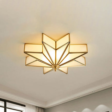 Classic Brass Star Flush Mount Fixture With Beveled Frosted Glass For Living Room Ceiling Light