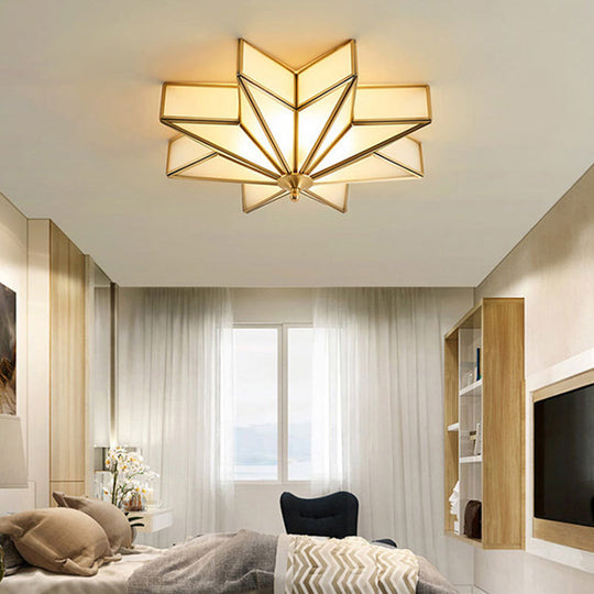 Classic Brass Star Flush Mount Fixture With Beveled Frosted Glass For Living Room Ceiling Light
