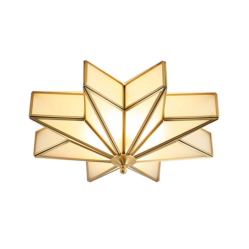 Classic Brass Star Flush Mount Fixture With Beveled Frosted Glass For Living Room Ceiling Light