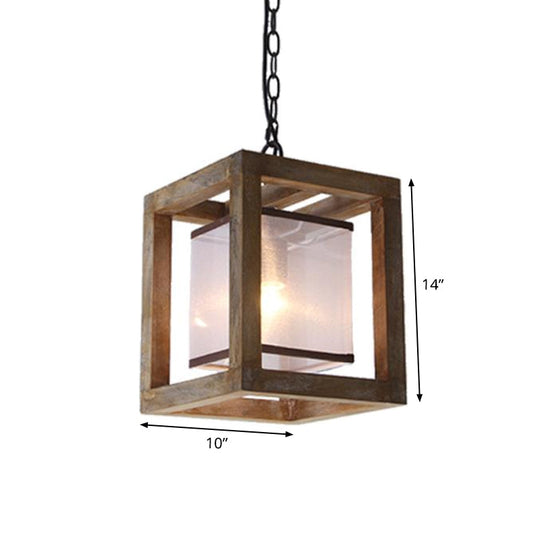 Square Living Room Hanging Light Kit - Traditional Wood Brown Pendant Lighting With Fabric Shade