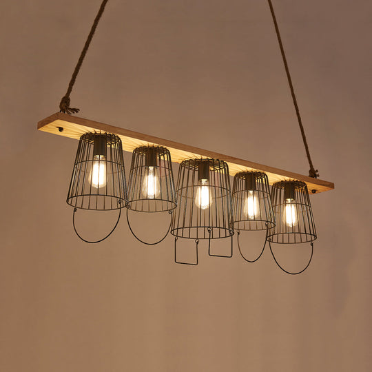 Traditional Barrel Metal Island Pendant Light With 5 Lights And Wood Accents For Dining Room