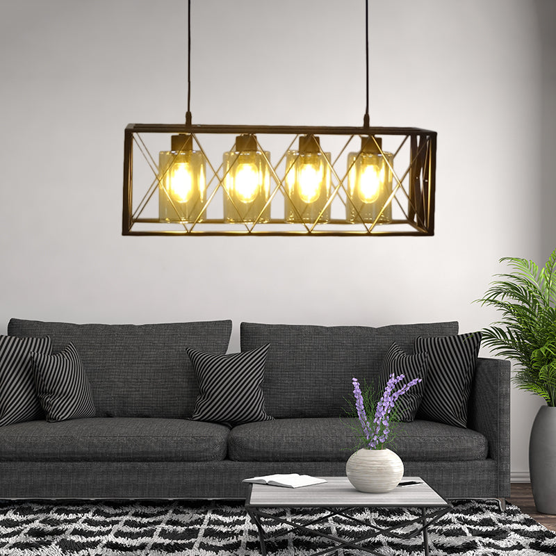 Traditional Black Metal Pendant Island Light With Cross Framed Box Design - Ideal For Dining Room