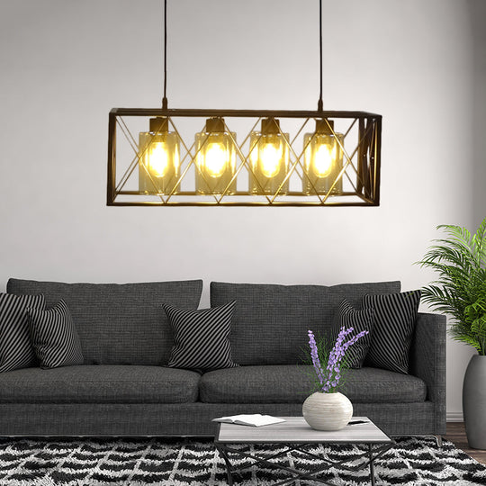 Traditional Black Metal Pendant Island Light With Cross Framed Box Design - Ideal For Dining Room